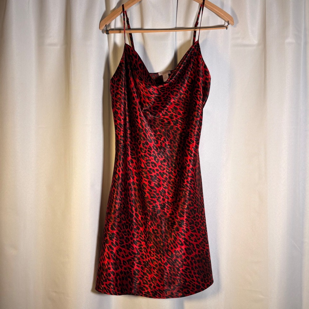 Ambrielle Red Leopard Satin Slip Dress M Cowl Neck Y2K Mob Wife